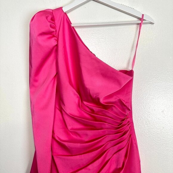 MAC DUGGAL Feather Trim One-Shoulder Long Sleeve Minidress Candy Pink Size US 4 - Picture 3 of 9